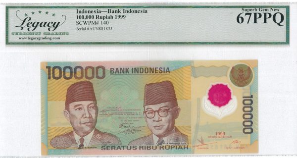 Indonesia 100000 Rupiah Soekarno Polymer 1999 Pick# 140 PCGS 67 PPQ