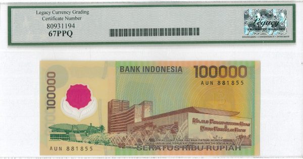 Indonesia 100000 Rupiah Soekarno Polymer 1999 Pick# 140 PCGS 67 PPQ - Image 2