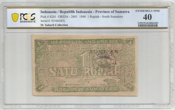 Indonesia 1 Rupiah Sumatera Selatan ORIDA 2601 1948 PCGS 40